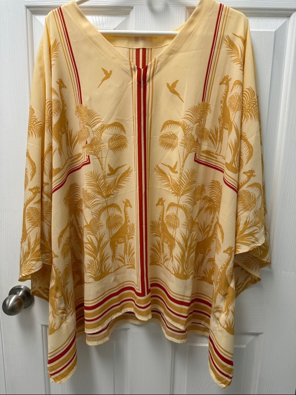 Yellow Safari Soiree Print Poncho Kimono Tunic with Red Stripe Detail‎ Giraffes